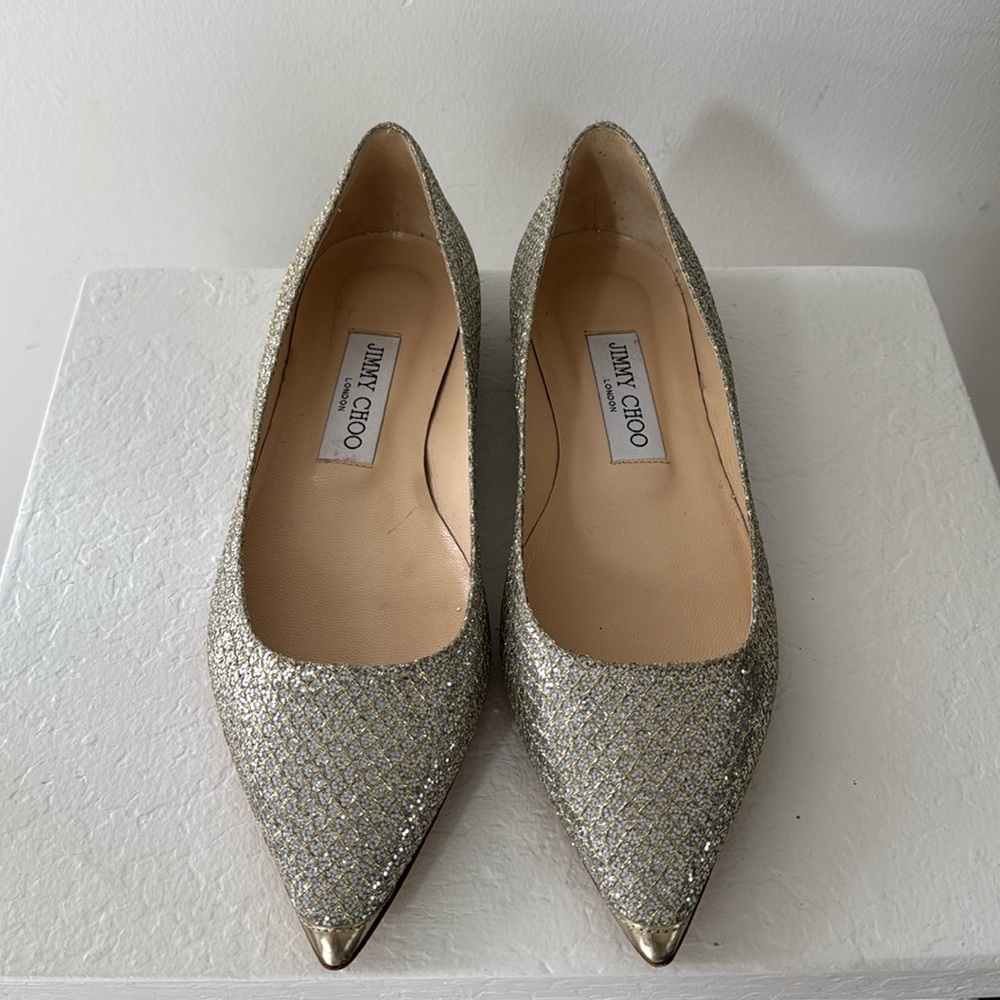 Jimmy Choo Women's Silver Glitter Pointed-Toe Flats